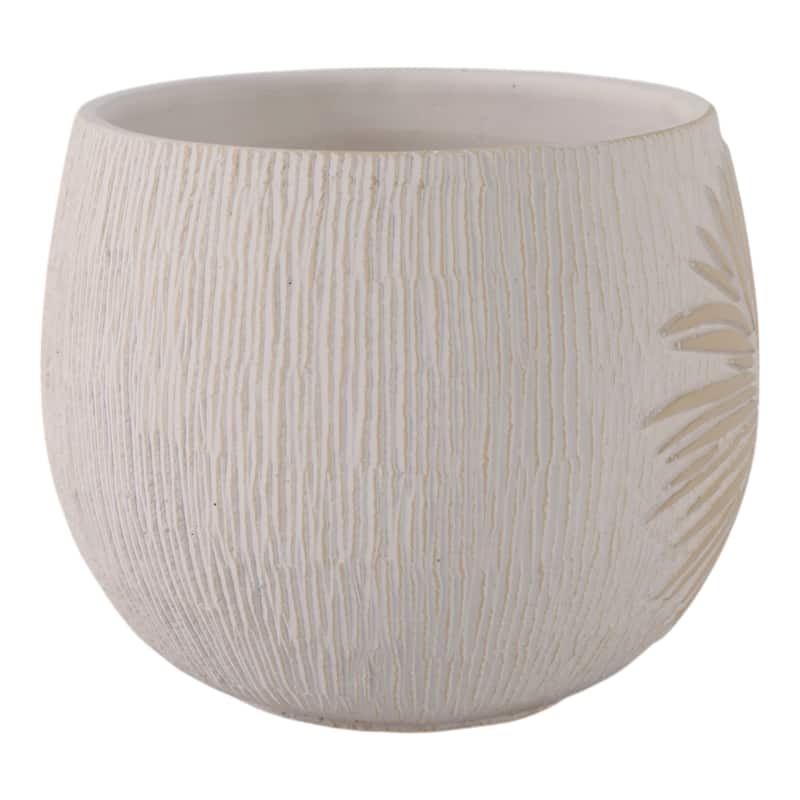 Pottery and Cement Round Planter with Carved Botanical Texture
