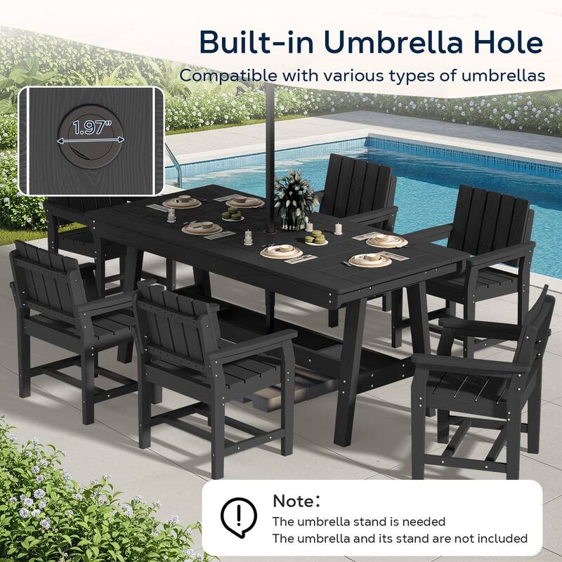7-Piece HDPE Outdoor & Indoor Dining Set, Rectangular 67.91in W Table with Umbrella Hole and 6 Chairs Set of 7, Wood-Look Finish