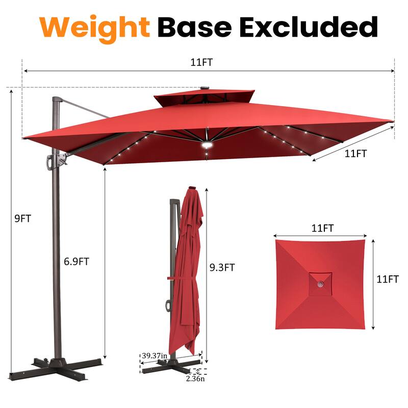 VredHom Solar LED Light 11FT Square Outdoor Cantilever Patio Umbrella without Base