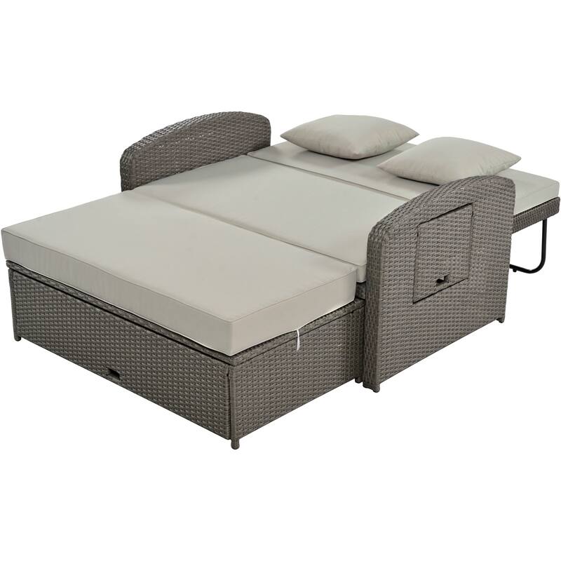Roomfitters PE Wicker Rattan Double Chaise Lounge Daybed with Adjustable Back and Cushions