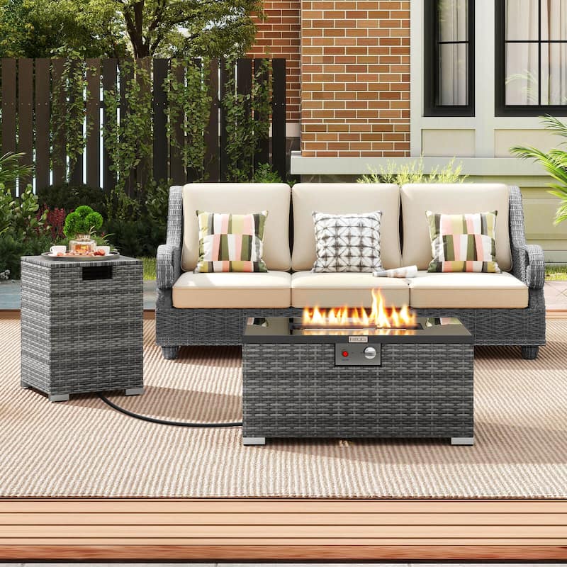 Costway 2 PCS Outdoor Rattan Fire Table Set with Tank Cover Tempered - See Details