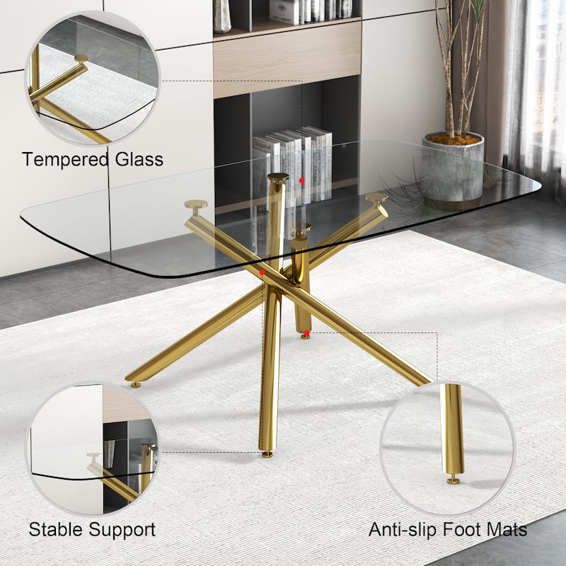 Large Modern Minimalist Rectangular Glass Dining Table with 0.39" Tempered Glass Top and Gilded Metal Legs for Kitchen - Golden