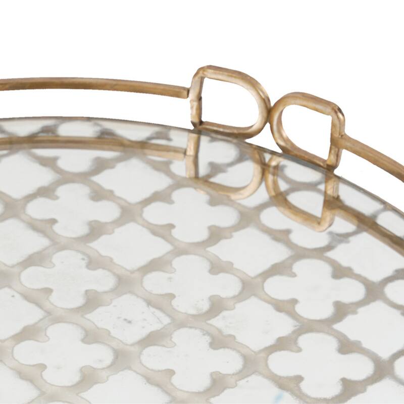 Sui 18 Inch Round Decorative Tray, Glass Bottom and Gold Geometric Frame