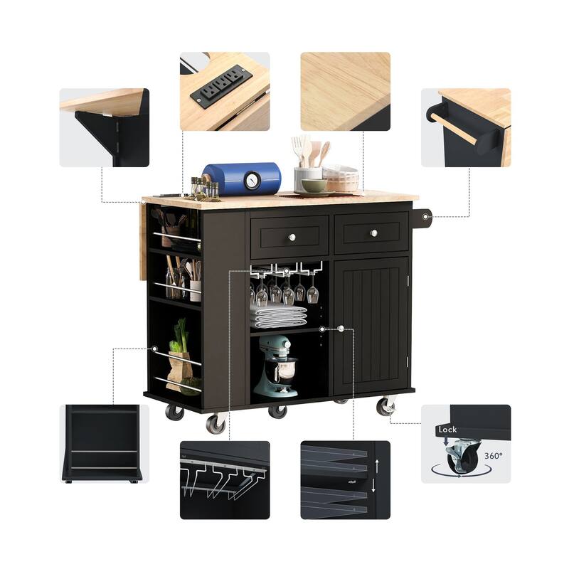 Multifunctional Kitchen Cart with Power Outlet, Open Storage and Wine Rack - 40" x 30"