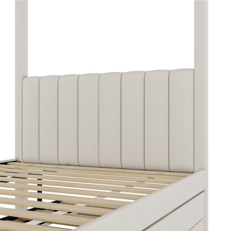Modern Canopy Bed Frame with Upholstered Headboard/Wood Platform Bed with Trundle & 3 Storage Drawers/Wood Slats Support/Beige