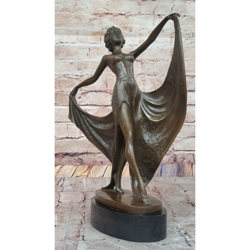 Art Deco Bronze Dancer With Flowing Drapery On Marble Base Signed Original Cesaro
