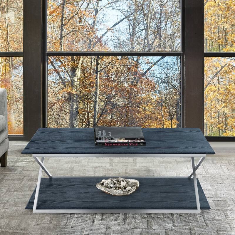 HomeRoots 51" Black And Silver Stainless Steel Coffee Table With Shelf - 51