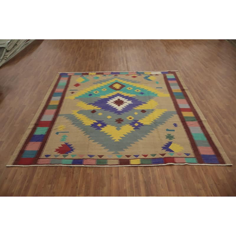 Hand Woven Oriental 100% Wool Carpet Southwestern Tribal Multi-Colored Kilim Area Rug - 9' 9'' X 9' 10''