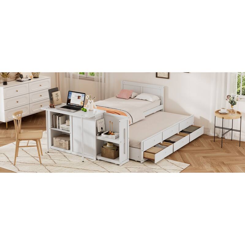 Twin Wood Platform Bed with Pull-Out Trundle, Built-in Desk, End Storage Shelf & 3 Drawers, for Kids or Teens