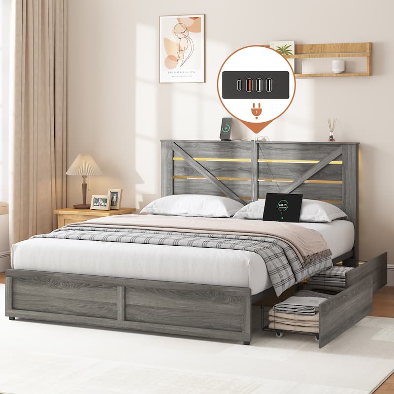 Queen/Full Storage Bed Frame with Headboard Storage, 4 Drawers & LED Lighting - Anti-Slip Noise-Free Metal Support Platform - Grey - Queen