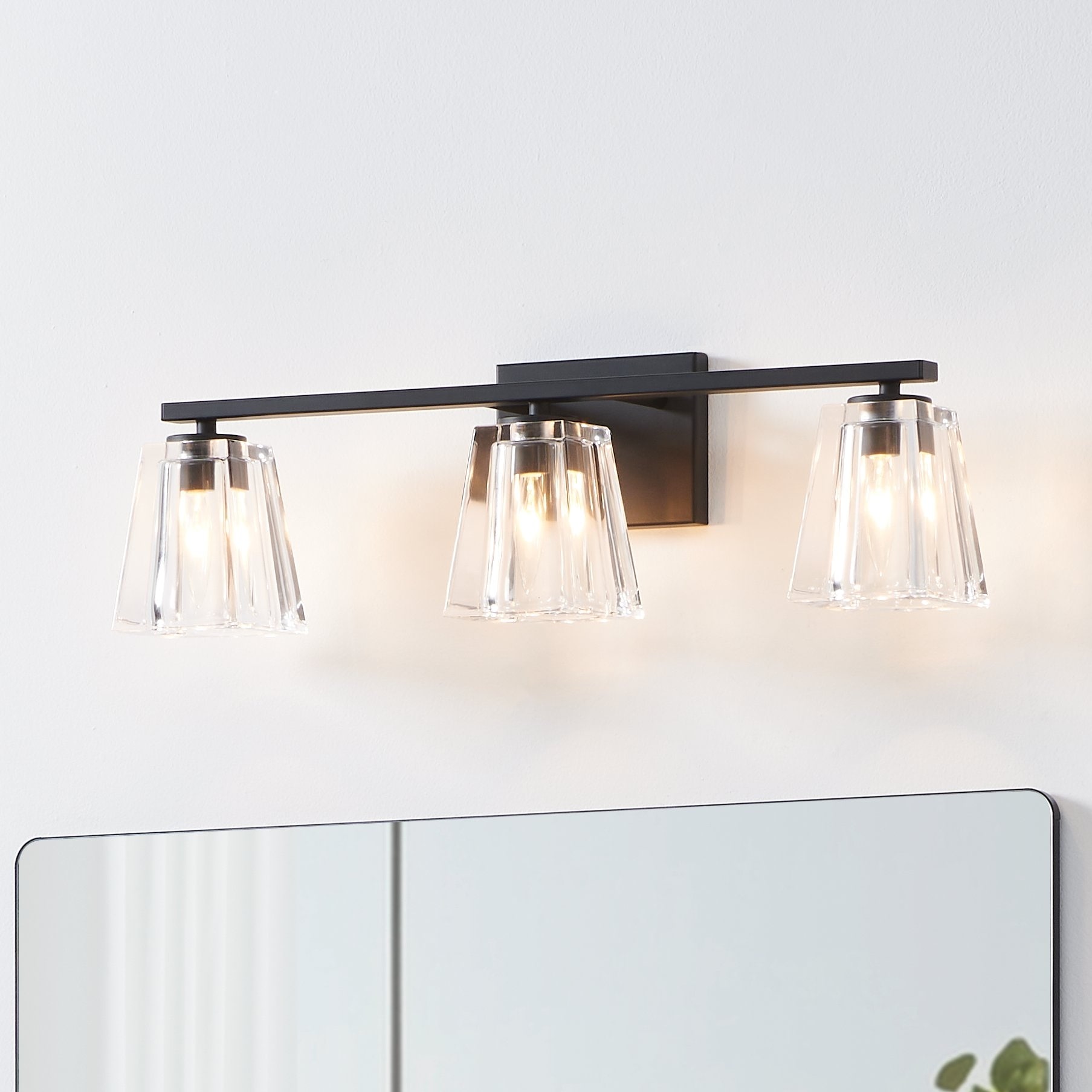 Thesis Valentin 24-inch 3-light Matte Black Vanity Light with Clear Pressed Glass Shades