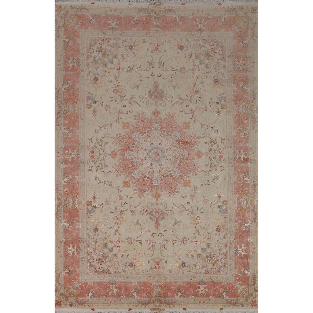 Floral Vegetable Dye Signed Tabriz Persian Rug Handmade Wool Carpet - 6'6"x 9'9"