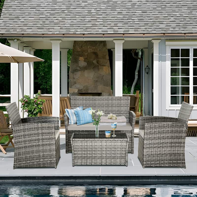 4 PCS Wicker Patio Conversation Set Rattan Seating Sofa Chair - Gray/Gray