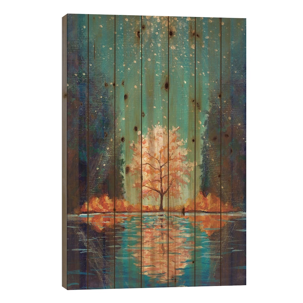 Shining Flowering Tree Among Mountains Reflected In Water Print On Wood by Valery Rybakow - Multi-Color