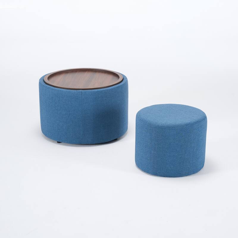 Ball & Cast Nesting Storage Ottomans of 2, Linen Upholstered Footstool Wood Tray, 22.75" Round Coffee Table