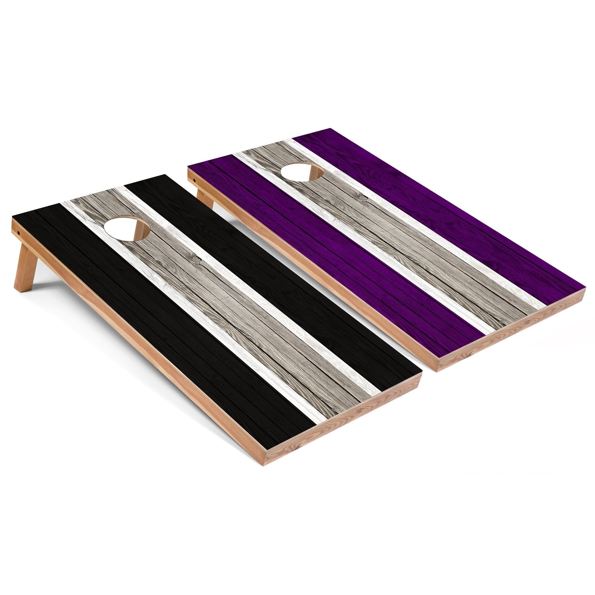 Solid Wood Cornhole Boards - Black and Purple Stripes Design