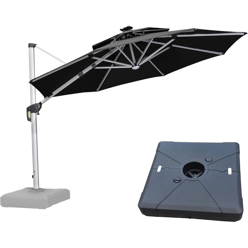 PURPLE LEAF 11 ft Double Top LED Round Patio Cantilever Umbrella with Base - Black