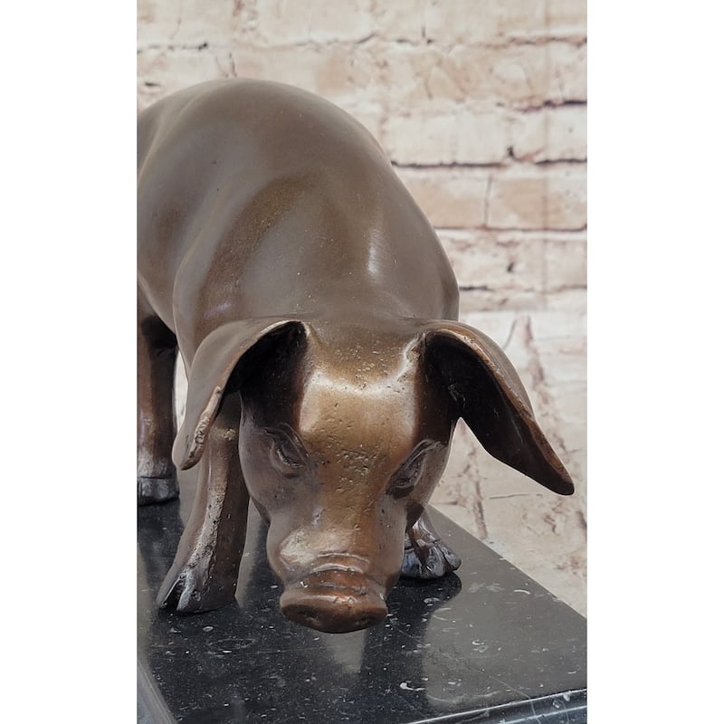 Bronze Metal Pig Sculpture Statue Figure On Marble Base Signed Art Decor Farm Animal