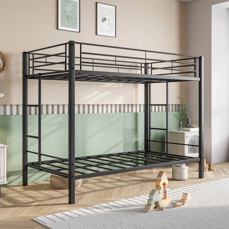 Heavy Duty Twin Over Twin Metal Bunk Bed with Shelf, Safety Rails & Slatted Support - No Box Spring Needed