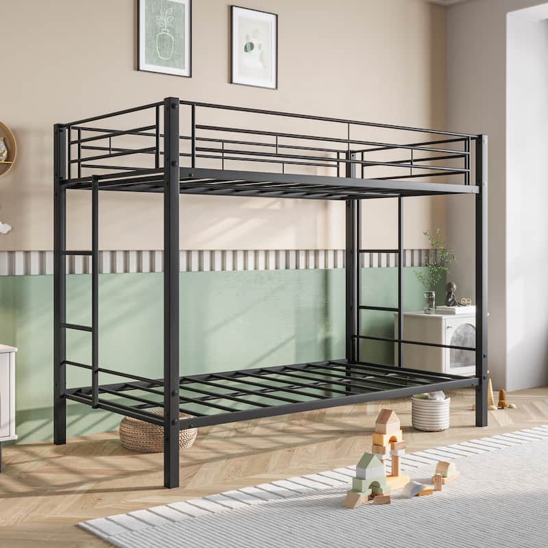 Metal Bunk bed Twin Over Twin, Heavy Duty Twin Bunk beds with shelf and Slatted Support No Box Spring Needed Black