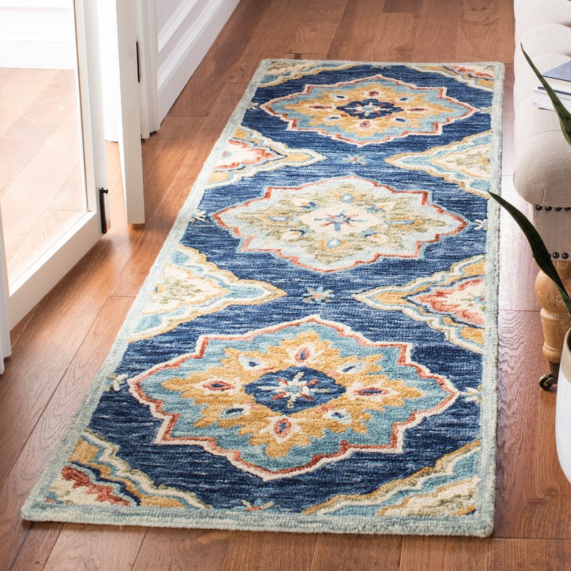 SAFAVIEH Handmade Suzani Aisha Floral Trellis Wool Rug - 2'3" x 8' Runner - Navy/Green