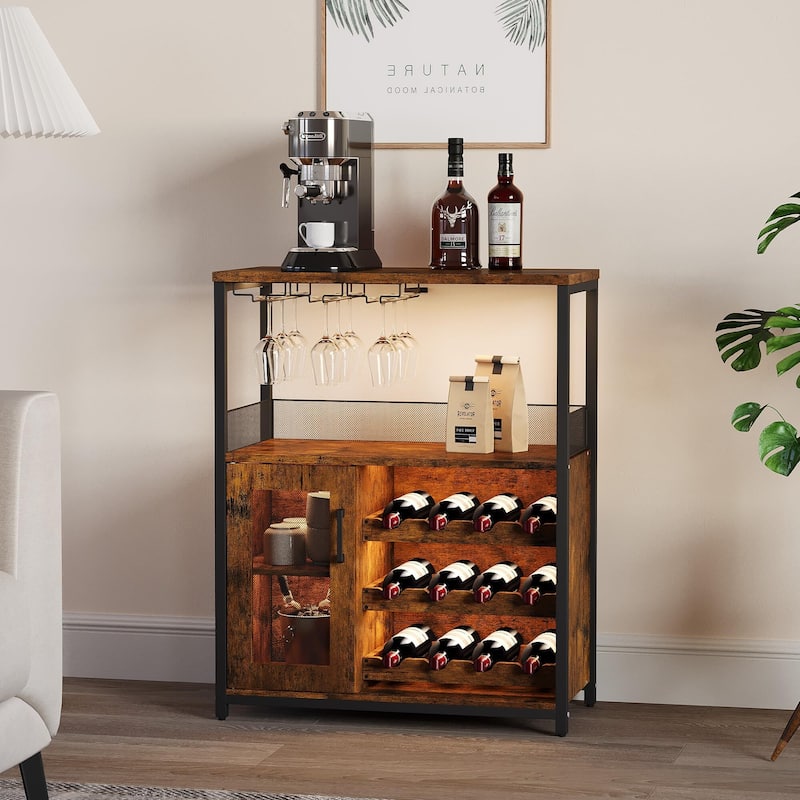 3-Tier Wine Bar Cabinet with Storage, Wine Rack & Glass Holder, Small Liquor Cabinet for Home, Black Corner Storage with Shelves - Brown