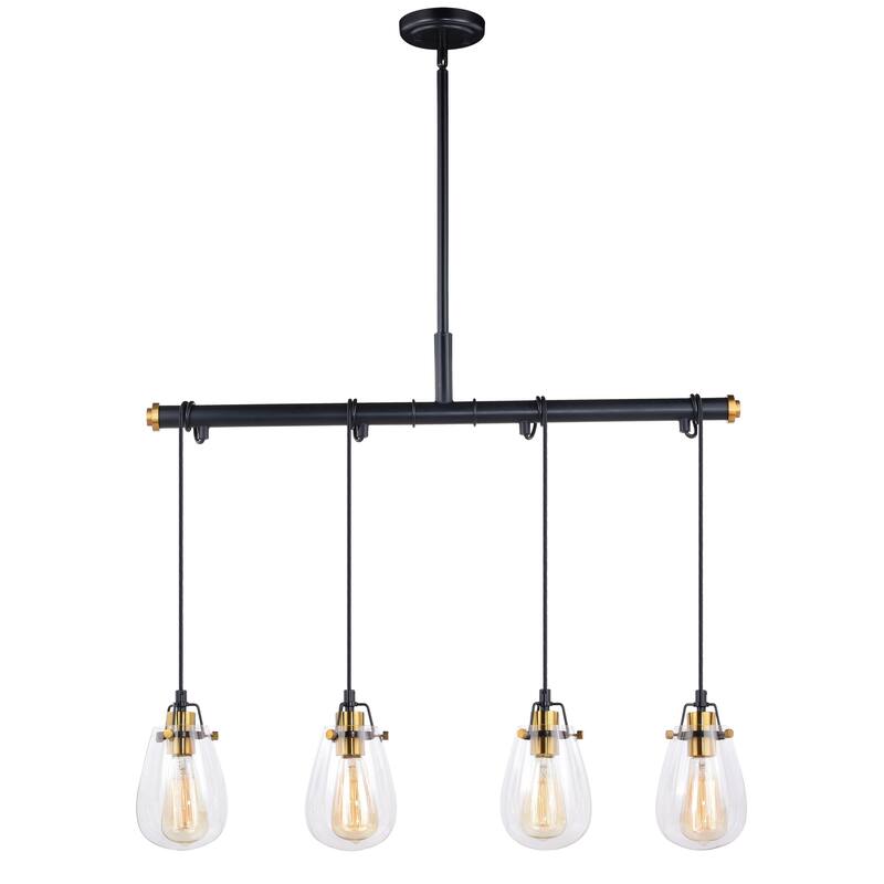 Kassidy Black Industrial Loft Island Pendant Chandelier Light with Edison Bulbs - 32.5-in W x 16-in H x 5-in D - Black and Natural Brass - 32.5-in W x 16-in H x 5-in D