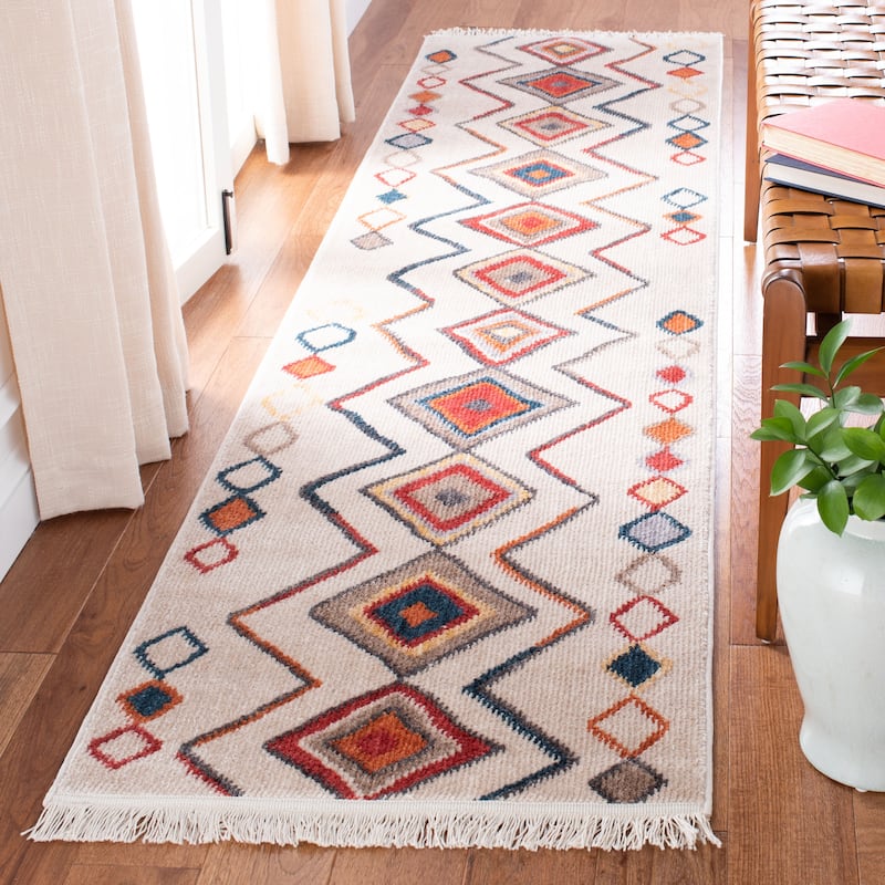 SAFAVIEH Farmhouse Kujtime Moroccan Boho Tassel Rug - 2'2" x 7' Runner - Ivory/Gold