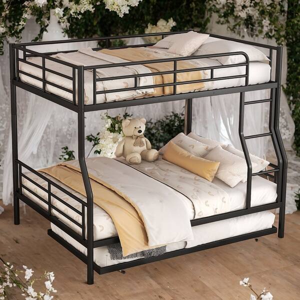 slide 2 of 27, Industrial Modern Full XL Over Queen Metal Bunk Bed with Trundle, Black Black
