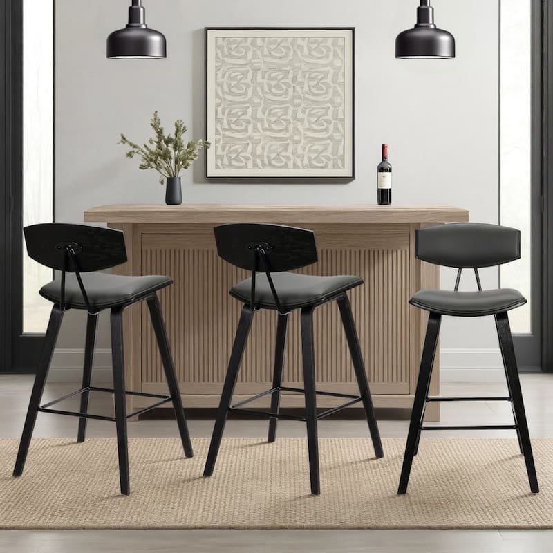 Fox Mid-Century Bar Stool, Upholstered Counter Height Chair with Bentwood Legs - Set of 3 - Grey & Black - Bar Height