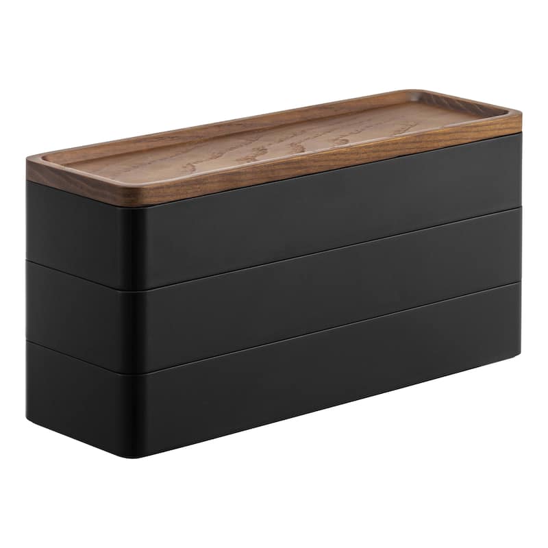 Yamazaki Home Stacking Accessories or Watches Case - Two Styles, Plastic and Wood, Accessories - L 3.1 x W 9.4 x H 4.5 inches - Black