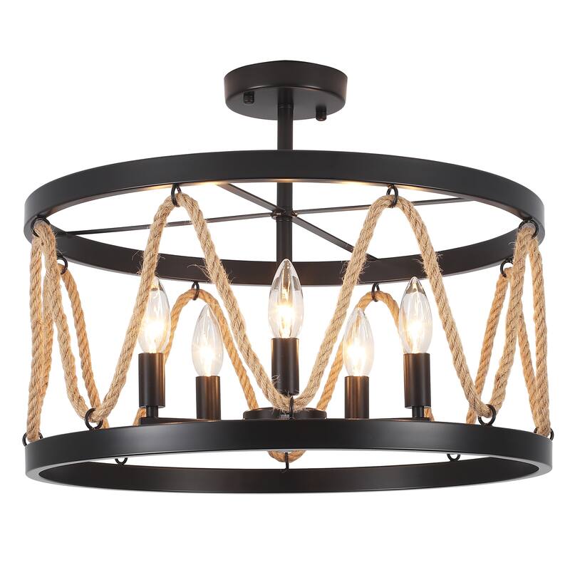 19.68" Wide Rural Drum Chandelier, 5-Light Semi-Flush Mount Lighting with Cage Lamp-Shade, Pendant Light for Dining Room - Matte Black