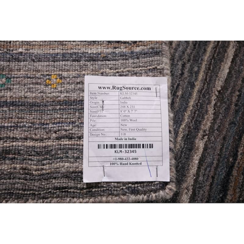 Striped Tribal Gabbeh Indian Square Area Rug Hand-Knotted Wool Carpet - 7'7"x 8'0"