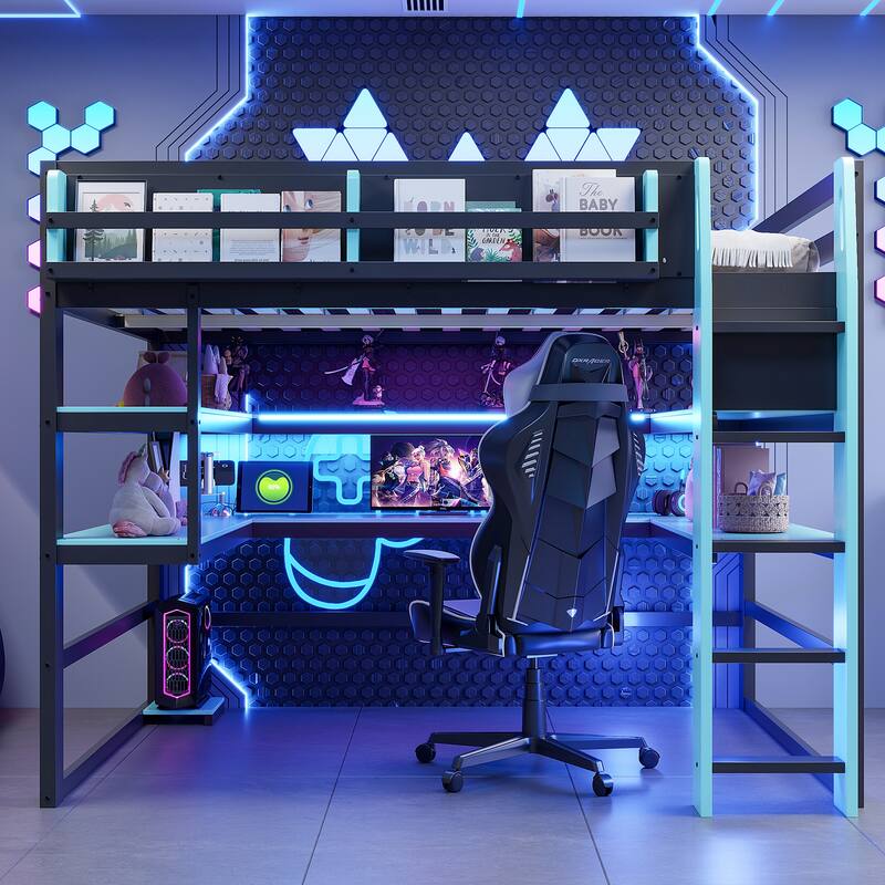 Loft Bed with Wraparound Study Hub, Side Storage Rack, USB Charging & RGB Light by Harper&Bright Designs
