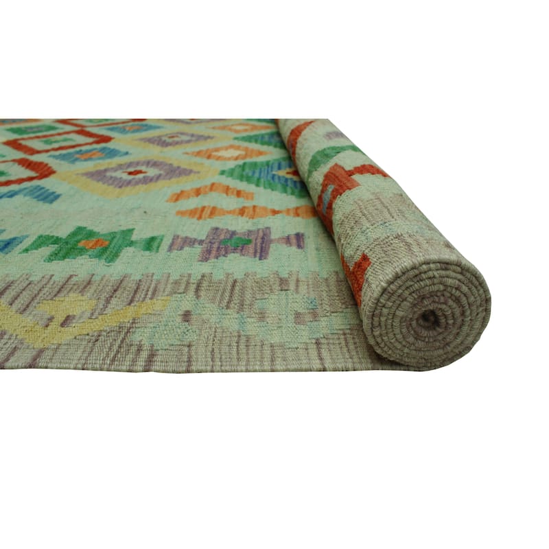 Hand-Woven Sangat Kilim Cengiz Lt. Green/Burgundy Rug - 8'7" x 11'2"