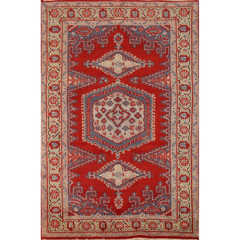 Red Geometric Viss Oriental Rug Hand-Knotted Wool Carpet - 3'11" x 6'1"