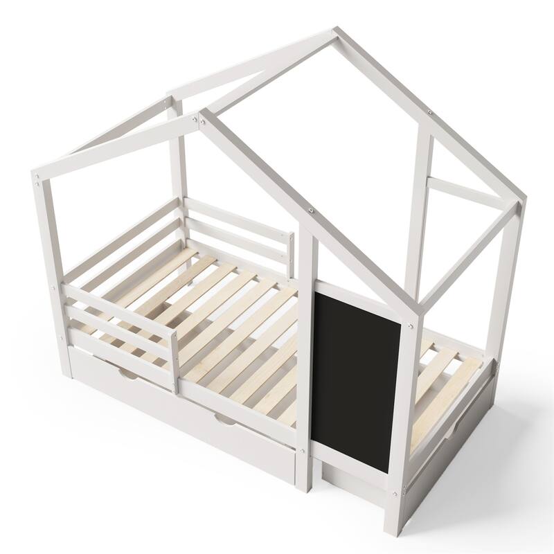 Merax Twin House Bed with Blackboard and Drawers, Two assembly options