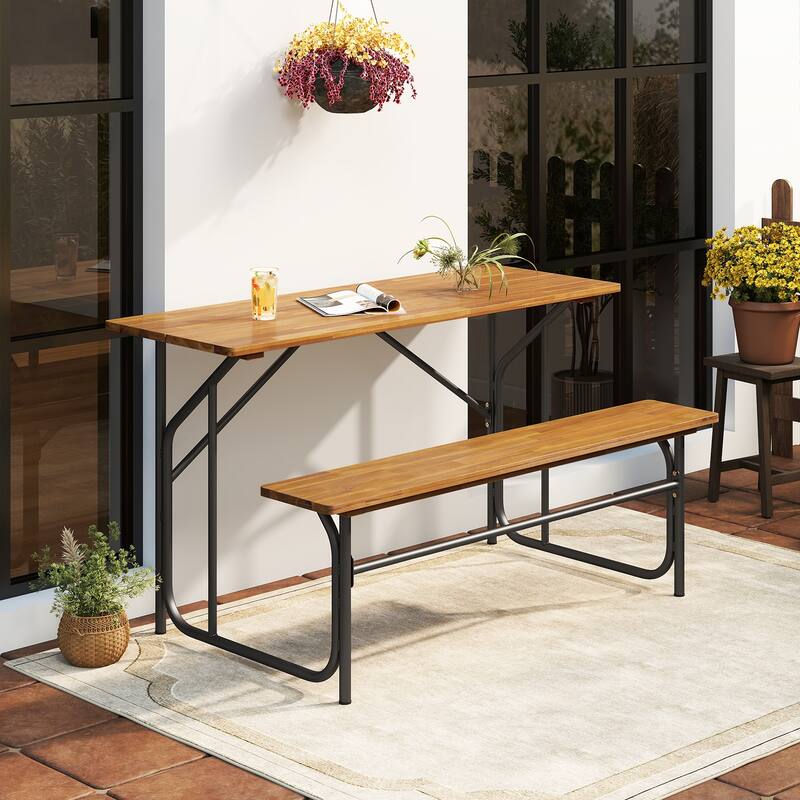 Gymax 2PCS Table Bench Set for 2 Picnic Table & Loveseat w/Acacia Wood