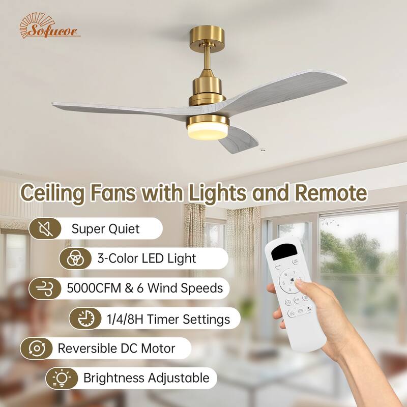 Sofucor 48/52 Inch Ceiling Fan with Light, Solid Wood Blades for Living Room, Bedroom,Smart Optional