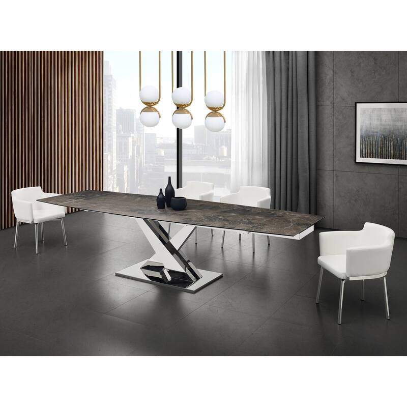 X Base Manual Dining Table with Stainless Base and Clear Top - Brown