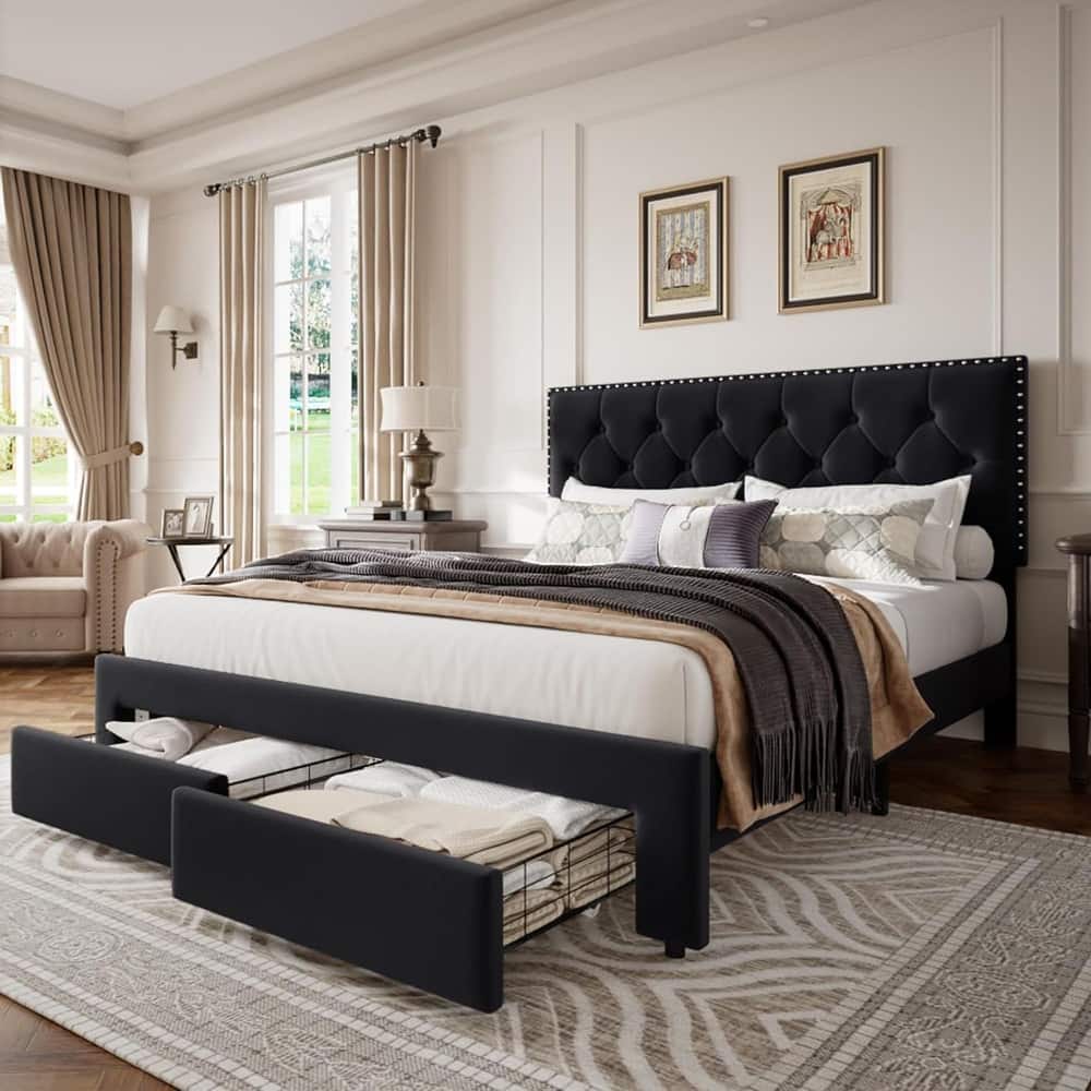 Bed Frame with 2 Storage Drawers, with Wooden Slat Support