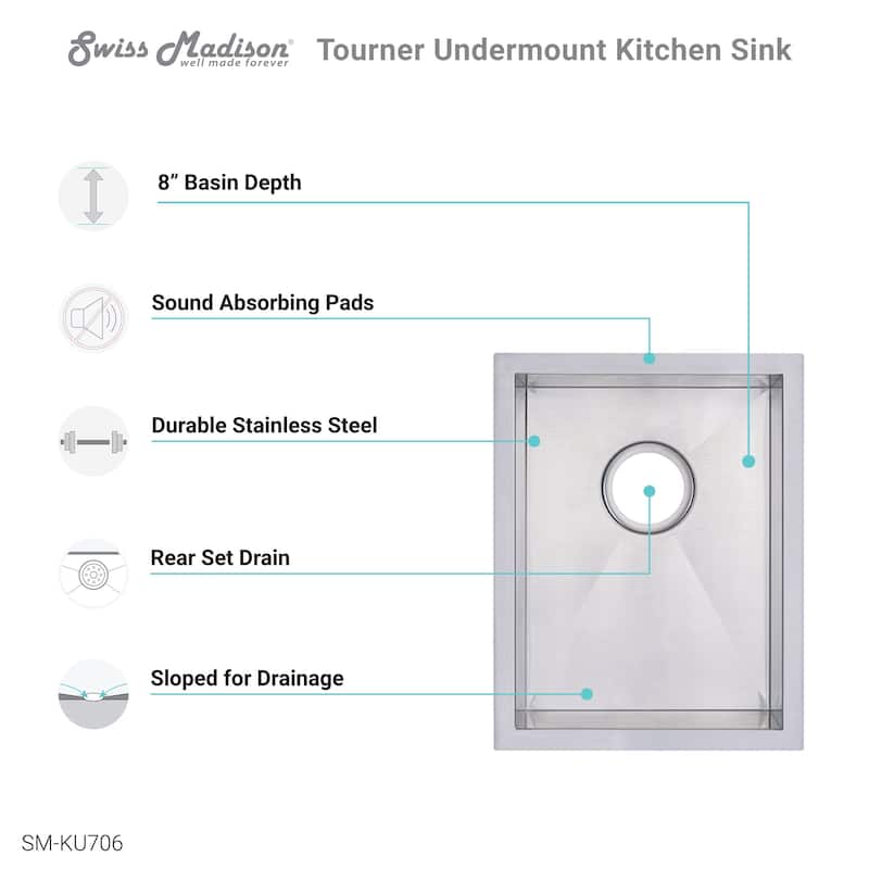 Tourner 14 x 18 Stainless Steel, Single Basin, Undermount Kitchen Sink - 14" x 18"