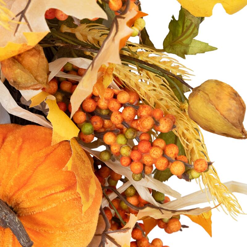 Velvet Pumpkins Wheat Artificial Fall Harvest Wreath - 24-Inch, Unlit