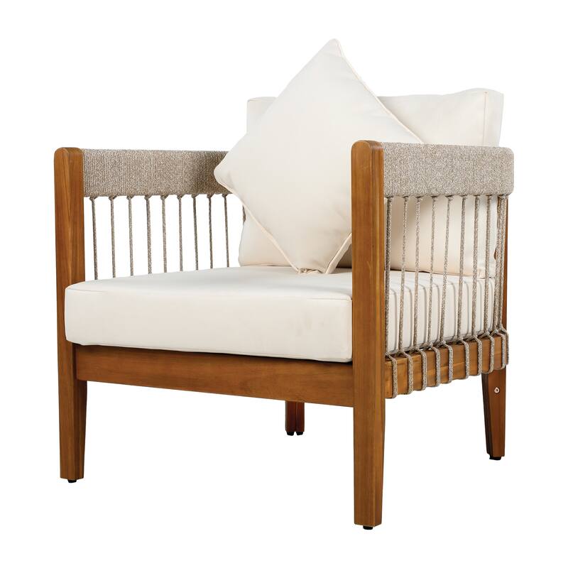 Acacia Wood Club Chair with Handwoven Rope Accents&Curved Backrest-Water-Resistant Patio Lounge Chair with Removable Cushions