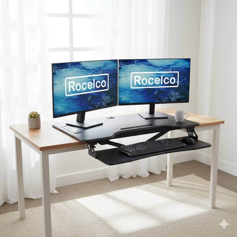 Rocelco 37.4 in. W Beige Electric Standing Desk Converter with AC USB Charger, Motorized Lift, Dual Monitor Riser and Tray