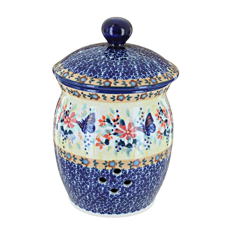 Blue Rose Polish Pottery P078 Manufaktura Garlic Keeper - Blue Butterfly