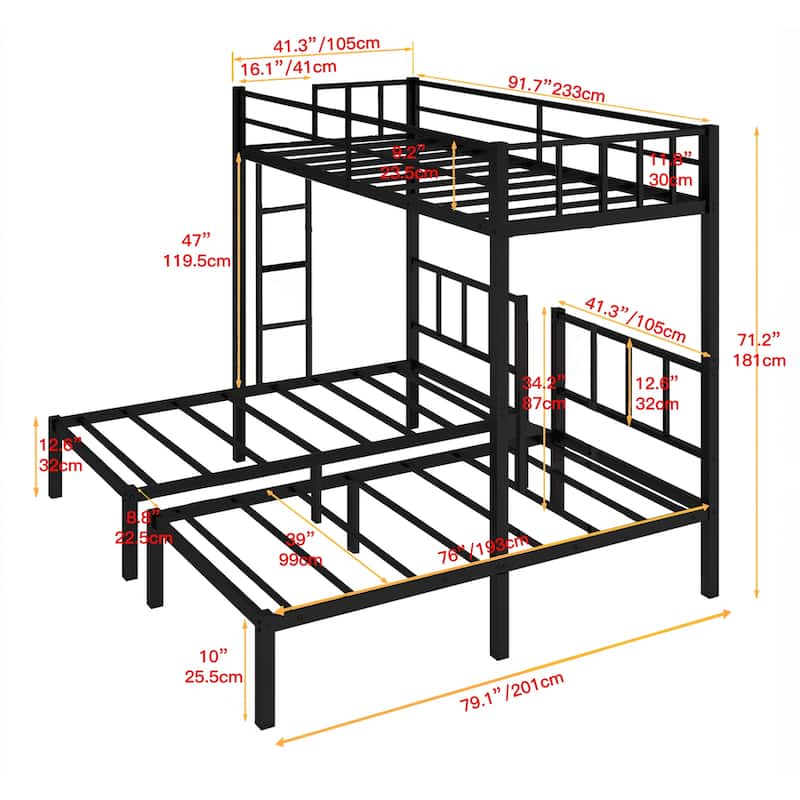 Metal Triple Bunk Bed, Space-Saving Bed Frame