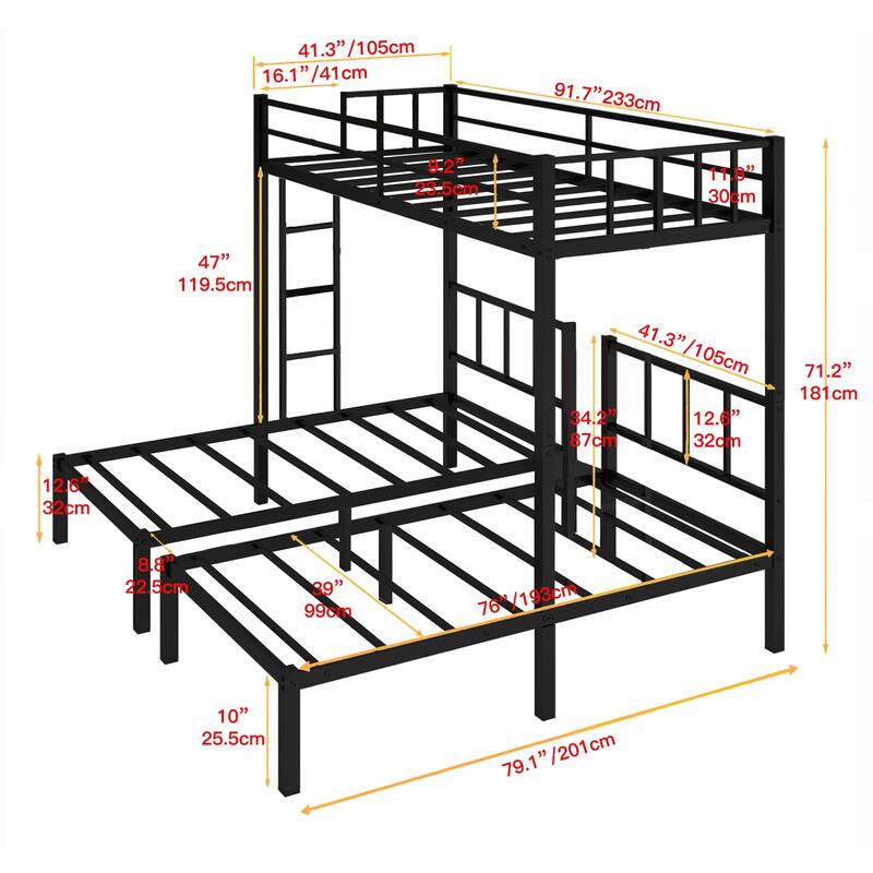 Triple Twin Bunk Bed Metal Frame Convertible to 3 Separate Beds