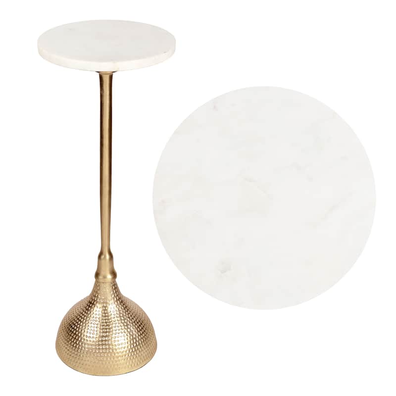 23.75″ Metal Pedestal Drink, End Table w/ White Marble Round Top & Hammered Base, By JONATHAN Y - Gold