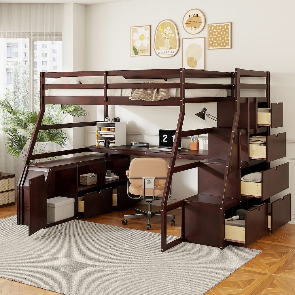 Full Size Loft Bed with 7 Drawers, 2 Shelves & Desk in Espresso/White/Gray